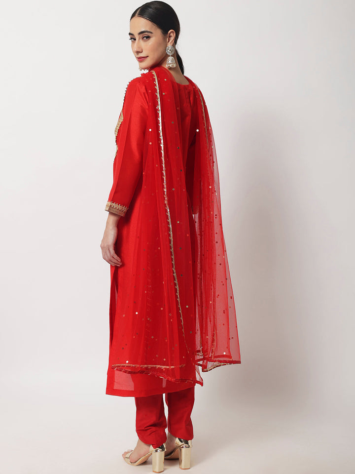 anokherang Combos Radiant Red Silk Gota Kurti With Straight Pants and Net Dupatta