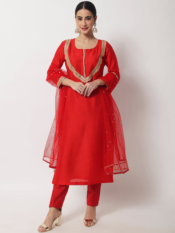 anokherang Combos Radiant Red Silk Gota Kurti With Straight Pants and Net Dupatta