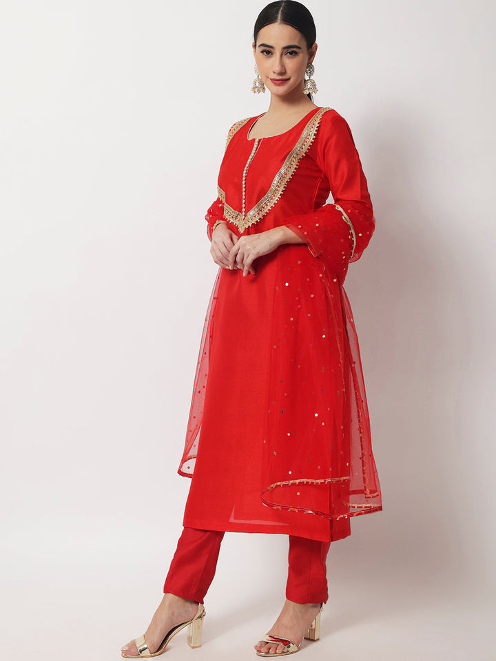 anokherang Combos Radiant Red Silk Gota Kurti With Straight Pants and Net Dupatta