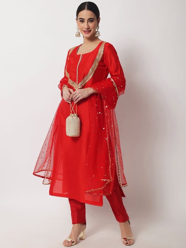 anokherang Combos Radiant Red Silk Gota Kurti With Straight Pants and Net Dupatta