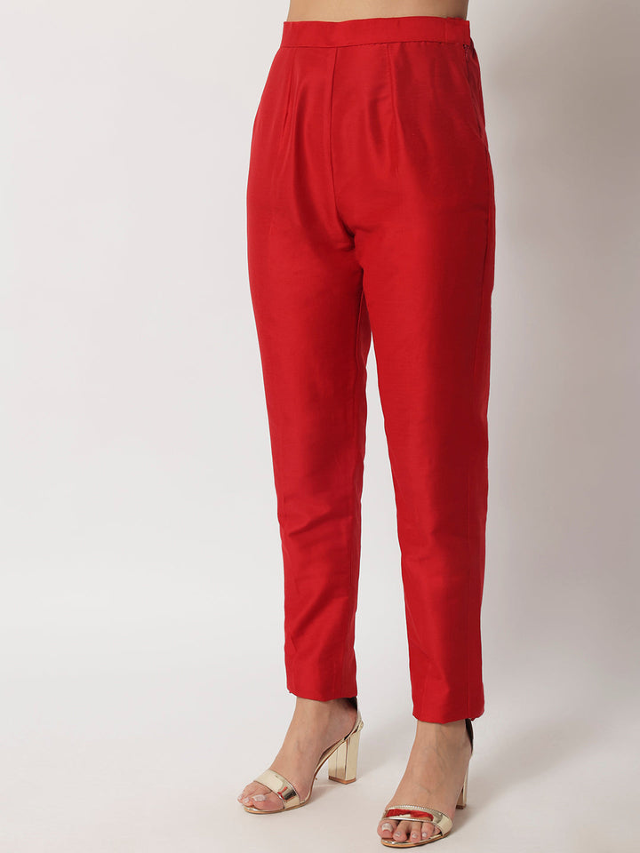 anokherang Combos Radiant Red Silk Gota Kurti With Straight Pants and Net Dupatta