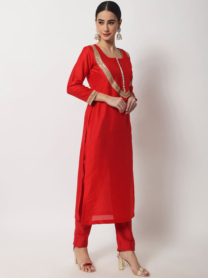 anokherang Combos Radiant Red Silk Gota Kurti With Straight Pants and Net Dupatta