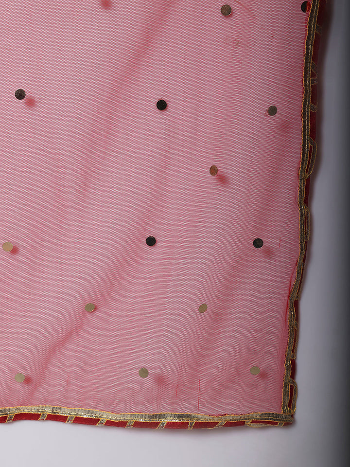anokherang Combos Radiant Red Silk Gota Kurti With Straight Pants and Net Dupatta