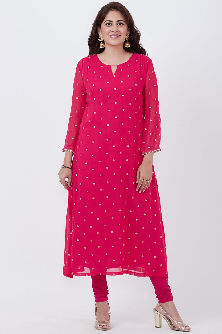 anokherang Combos Raspberry Embroided A-line Kurti with Churidar