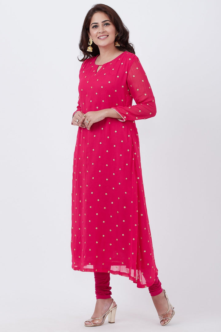 anokherang Combos Raspberry Embroided A-line Kurti with Churidar
