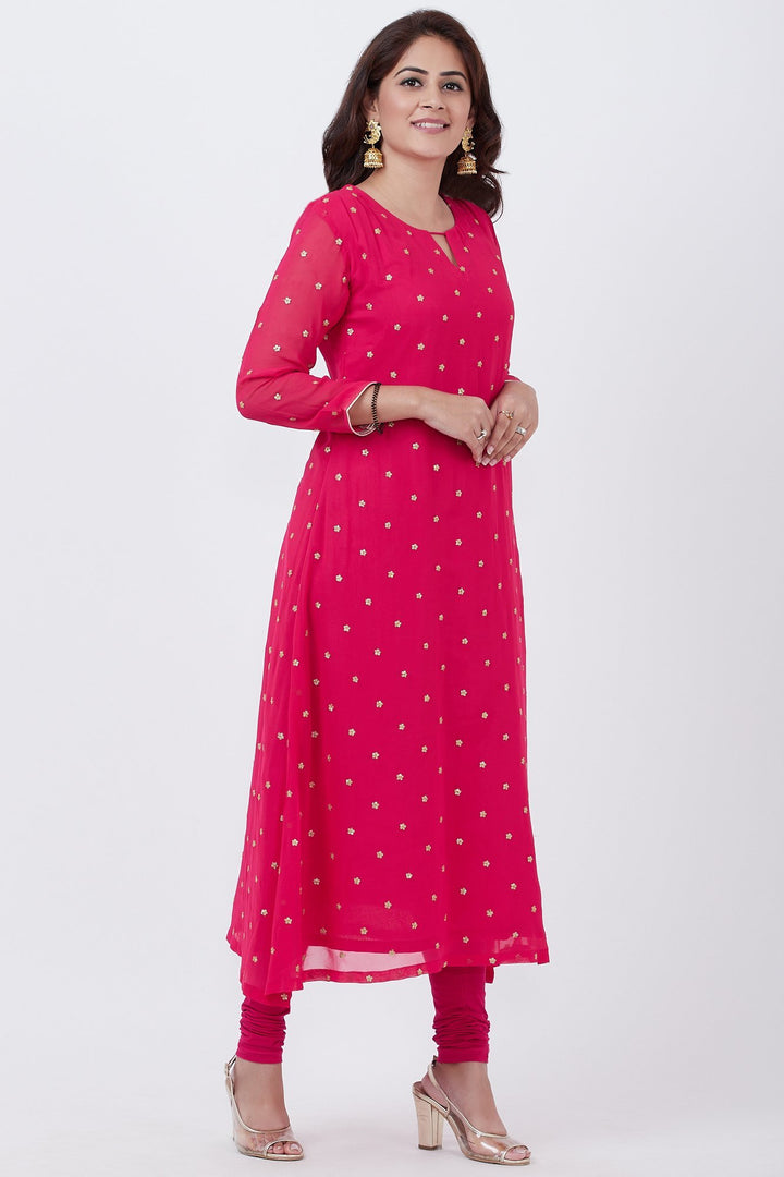 anokherang Combos Raspberry Embroided A-line Kurti with Churidar
