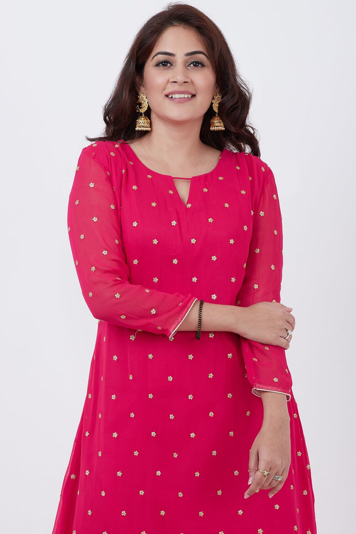 anokherang Combos Raspberry Embroided A-line Kurti with Churidar