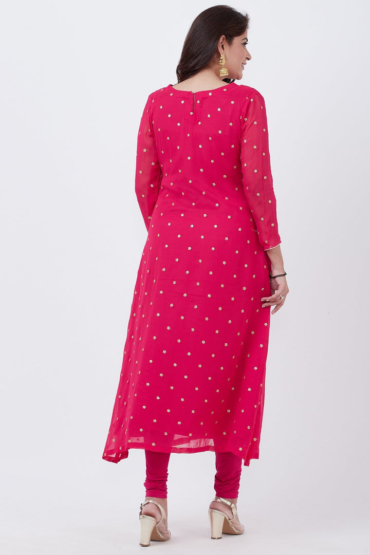 anokherang Combos Raspberry Embroidered A-line Kurti with Churidar and Gold Net Sequence Dupatta