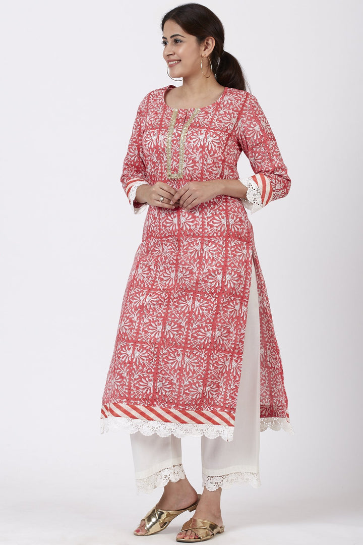 anokherang Combos Raspberry Pink Floral Printed Kurti with Crochet Pants