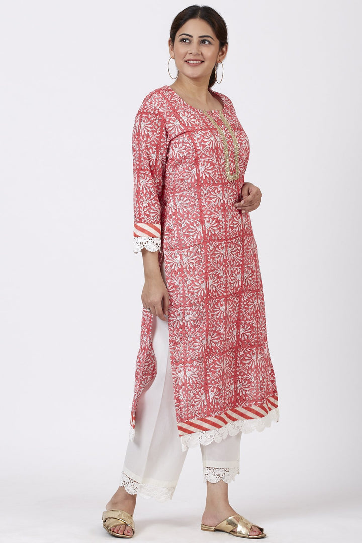 anokherang Combos Raspberry Pink Floral Printed Kurti with Crochet Pants