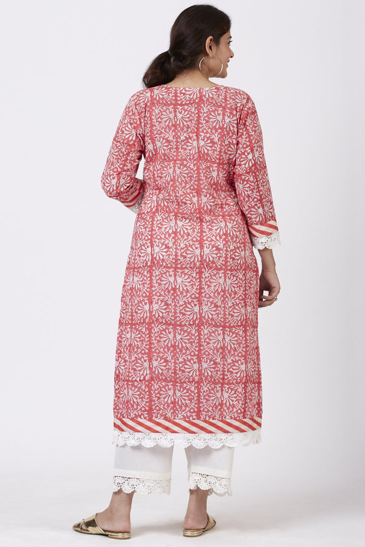anokherang Combos Raspberry Pink Floral Printed Kurti with Crochet Pants