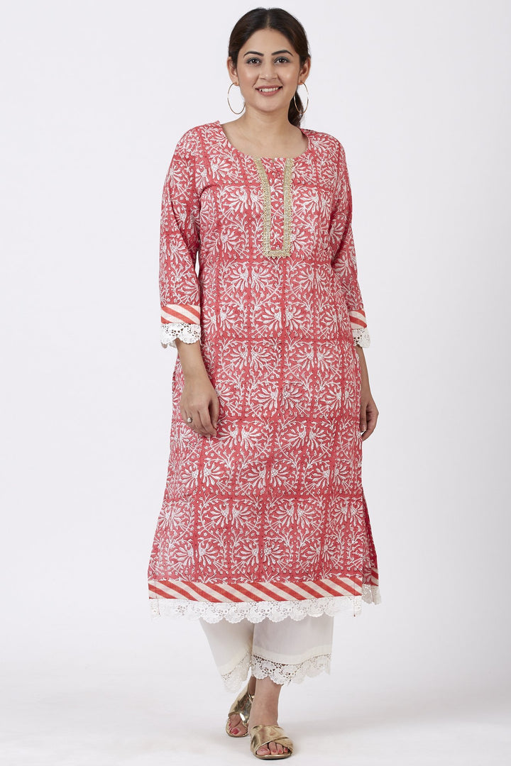 anokherang Combos Raspberry Pink Floral Printed Kurti with Crochet Pants