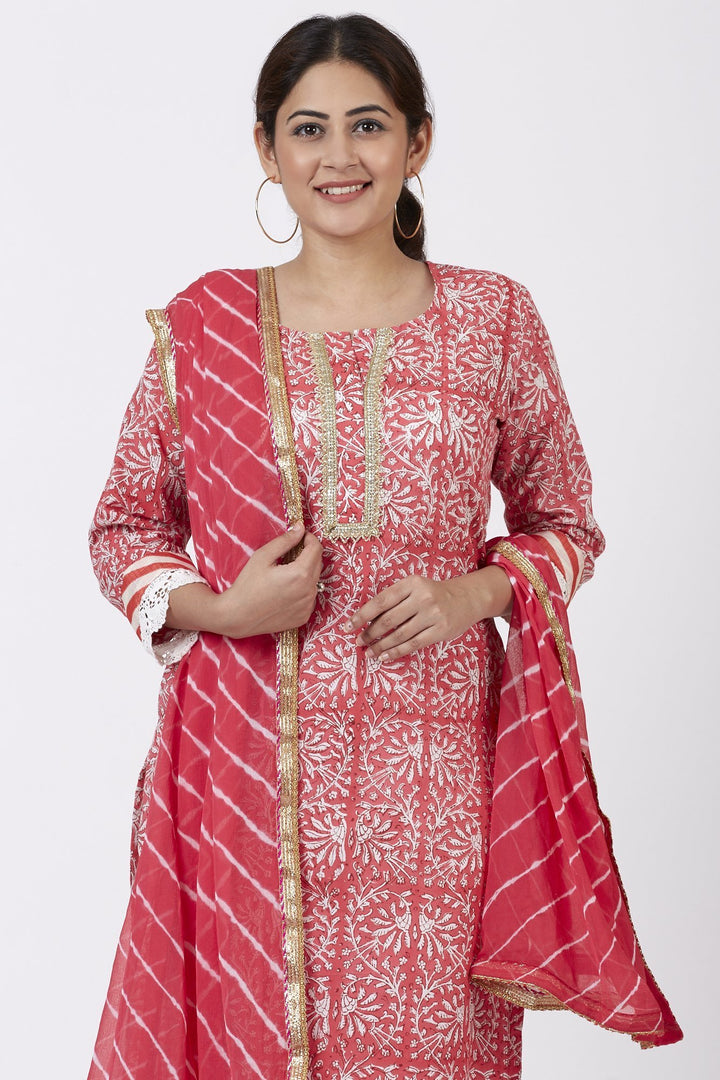 anokherang Combos Raspberry Pink Floral Printed Kurti with Crochet Pants and Leheriya Dupatta