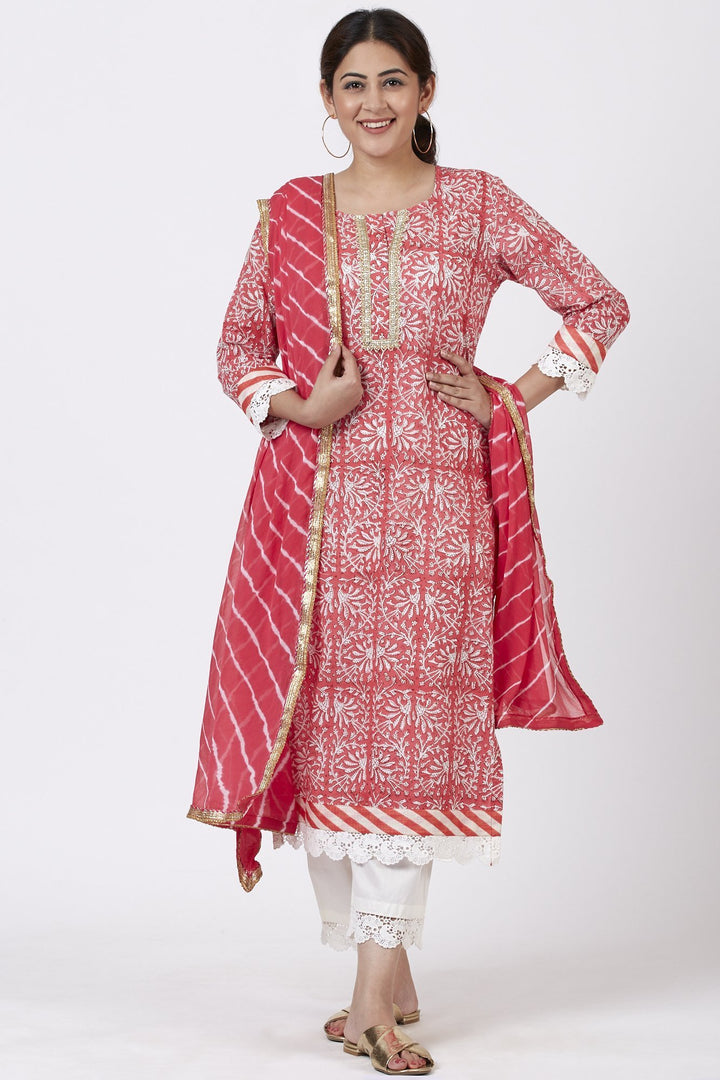anokherang Combos Raspberry Pink Floral Printed Kurti with Crochet Pants and Leheriya Dupatta
