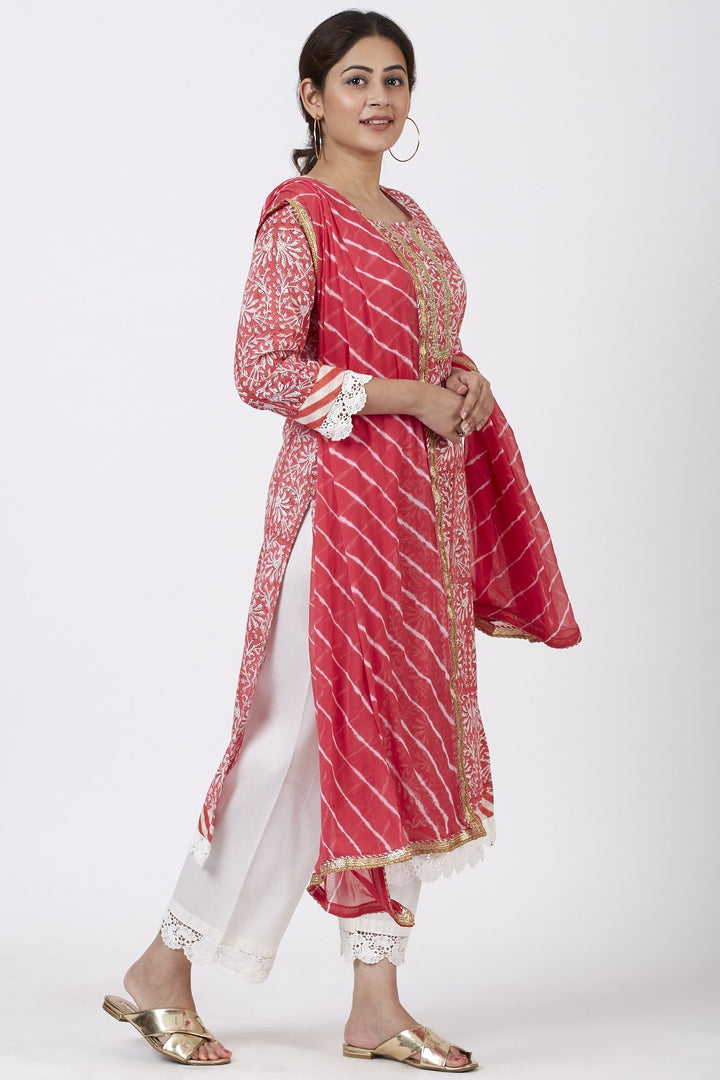 anokherang Combos Raspberry Pink Floral Printed Kurti with Crochet Pants and Leheriya Dupatta