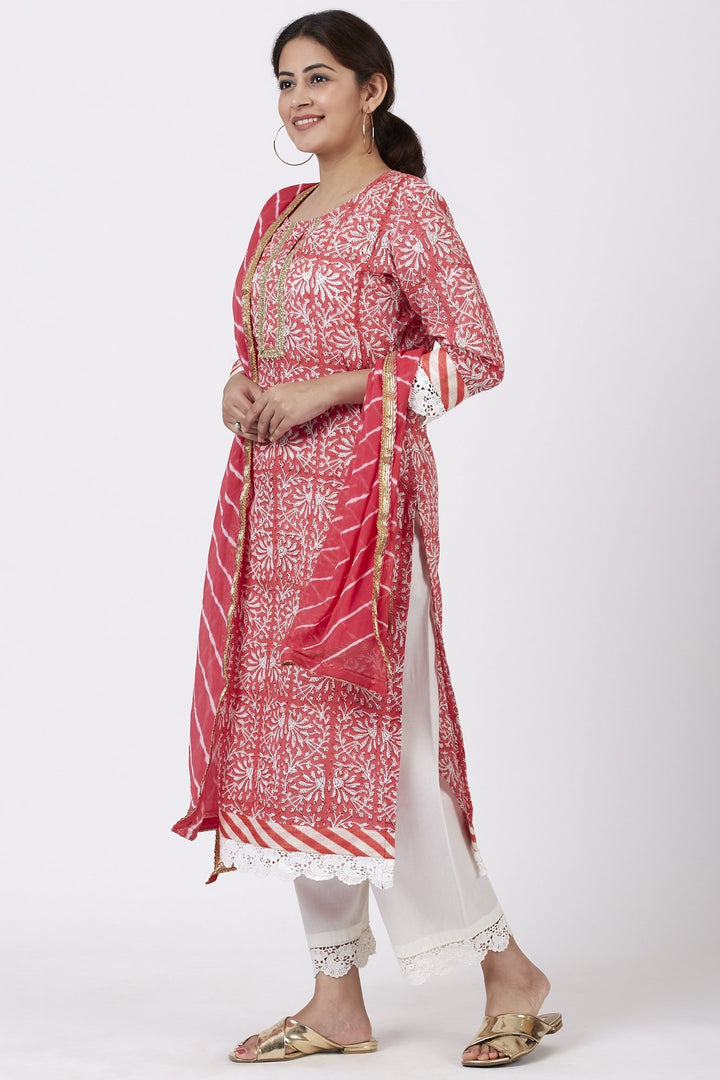 anokherang Combos Raspberry Pink Floral Printed Kurti with Crochet Pants and Leheriya Dupatta