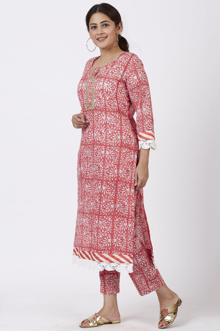 anokherang Combos Raspberry Pink Floral Printed Kurti with Printed Pants