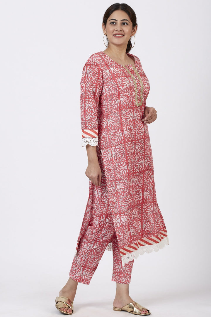 anokherang Combos Raspberry Pink Floral Printed Kurti with Printed Pants