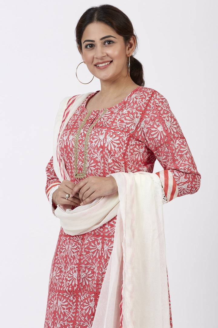 anokherang Combos Raspberry Pink Floral Printed Kurti with Printed Pants and Off-White Chiffon Dupatta