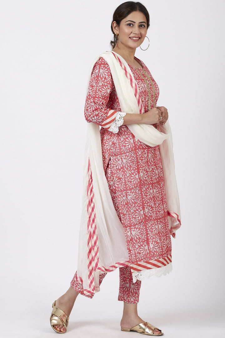 anokherang Combos Raspberry Pink Floral Printed Kurti with Printed Pants and Off-White Chiffon Dupatta