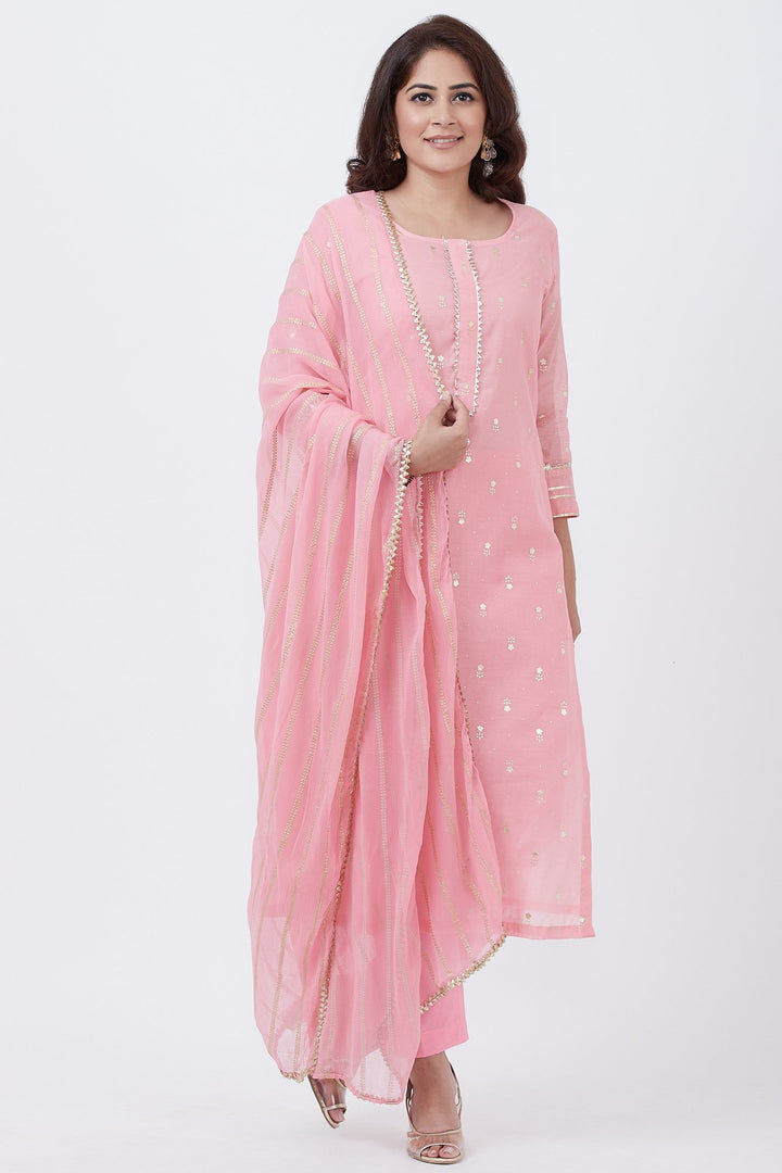 anokherang Combos Raspberry Pink Straight Foil Kurti with Straight Pants and Baby Pink Foil Printed Chiffon Dupatta