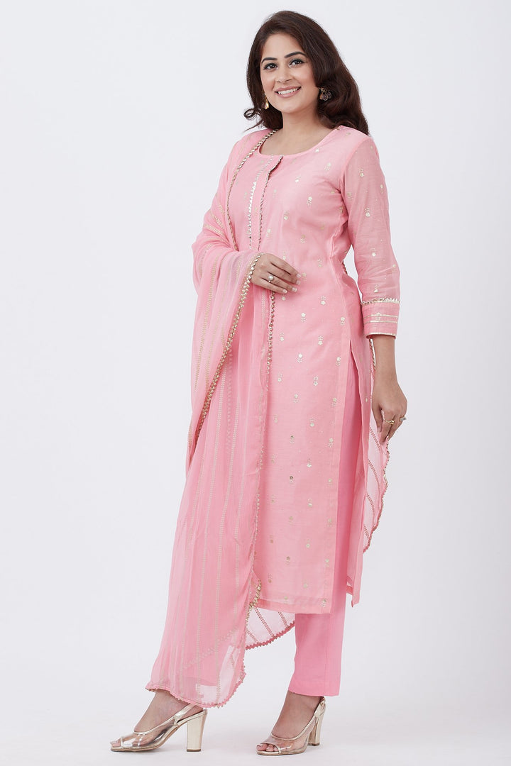 anokherang Combos Raspberry Pink Straight Foil Kurti with Straight Pants and Baby Pink Foil Printed Chiffon Dupatta