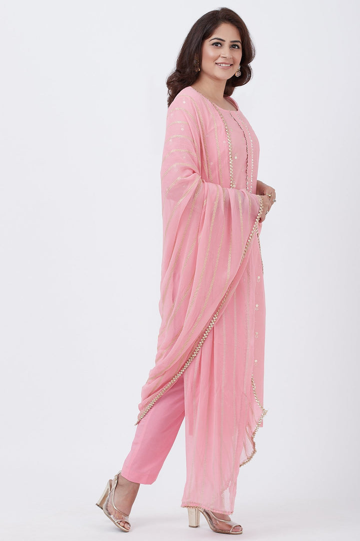 anokherang Combos Raspberry Pink Straight Foil Kurti with Straight Pants and Baby Pink Foil Printed Chiffon Dupatta