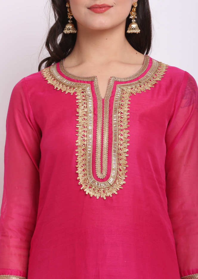 anokherang Combos Raspberry Pink Straight Kurti with Scalloped Gharara