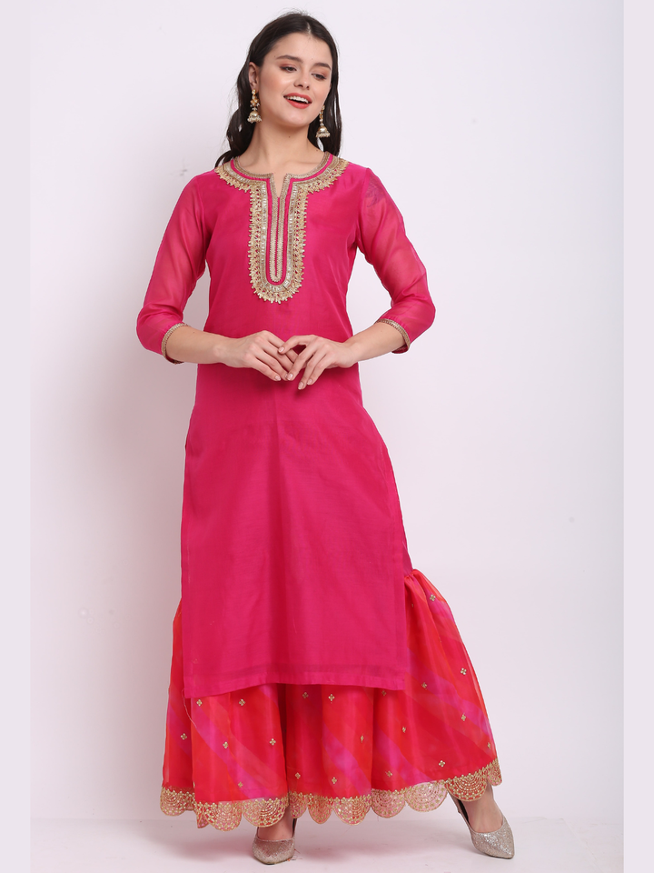 anokherang Combos Raspberry Pink Straight Kurti with Scalloped Gharara
