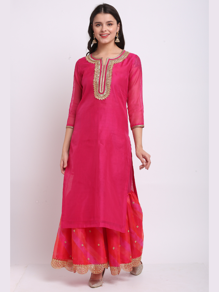 anokherang Combos Raspberry Pink Straight Kurti with Scalloped Gharara