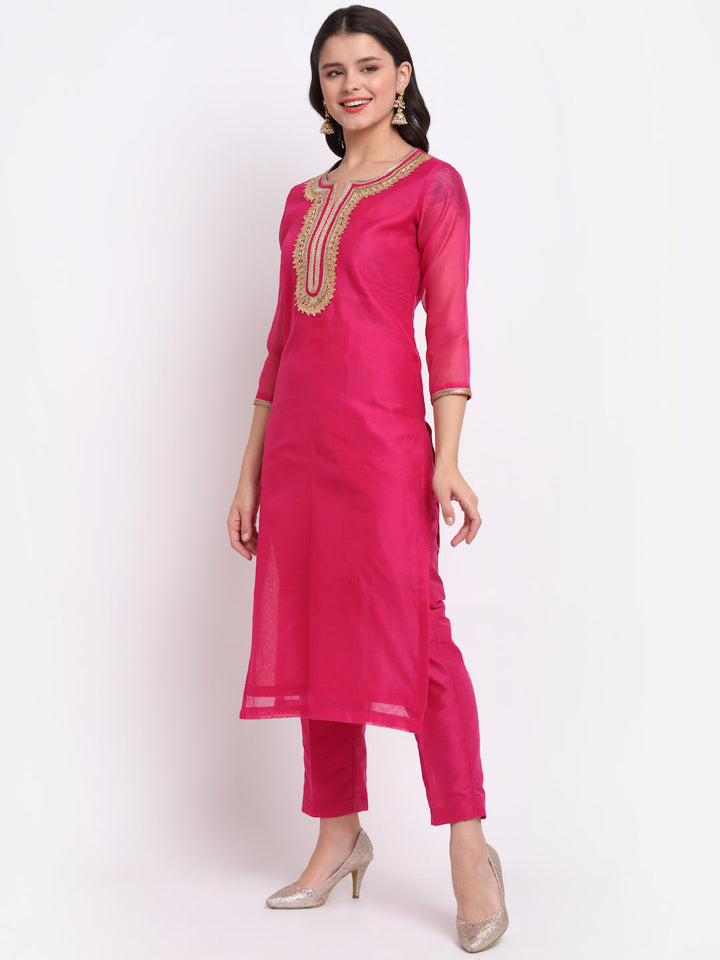 anokherang Combos Raspberry Pink Straight Kurti with Straight Pants