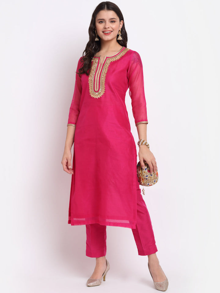 anokherang Combos Raspberry Pink Straight Kurti with Straight Pants