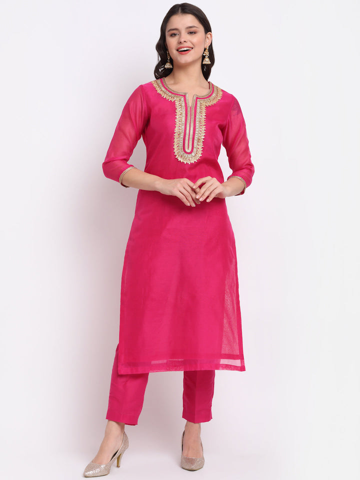 anokherang Combos Raspberry Pink Straight Kurti with Straight Pants