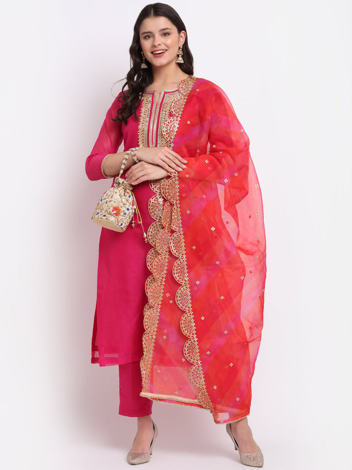 anokherang Combos Raspberry Pink Straight Kurti with Straight Pants and Leheriya Organza Dupatta