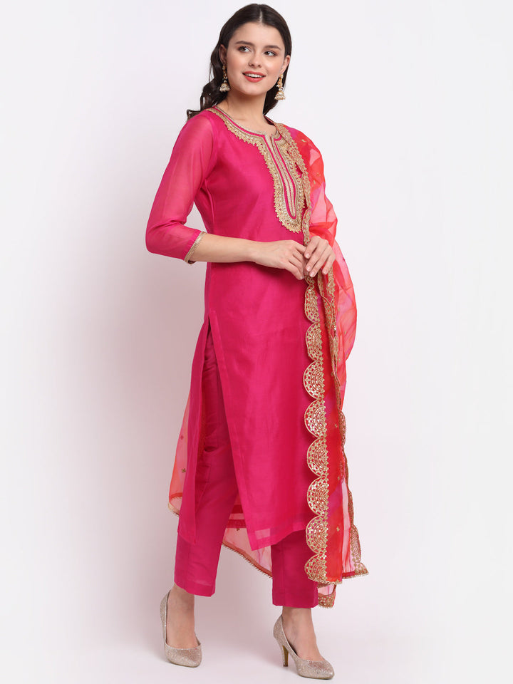 anokherang Combos Raspberry Pink Straight Kurti with Straight Pants and Leheriya Organza Dupatta