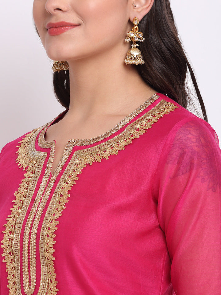 anokherang Combos Raspberry Pink Straight Kurti with Straight Pants and Leheriya Organza Dupatta