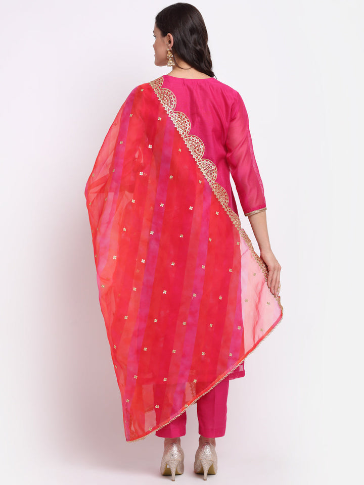 anokherang Combos Raspberry Pink Straight Kurti with Straight Pants and Leheriya Organza Dupatta