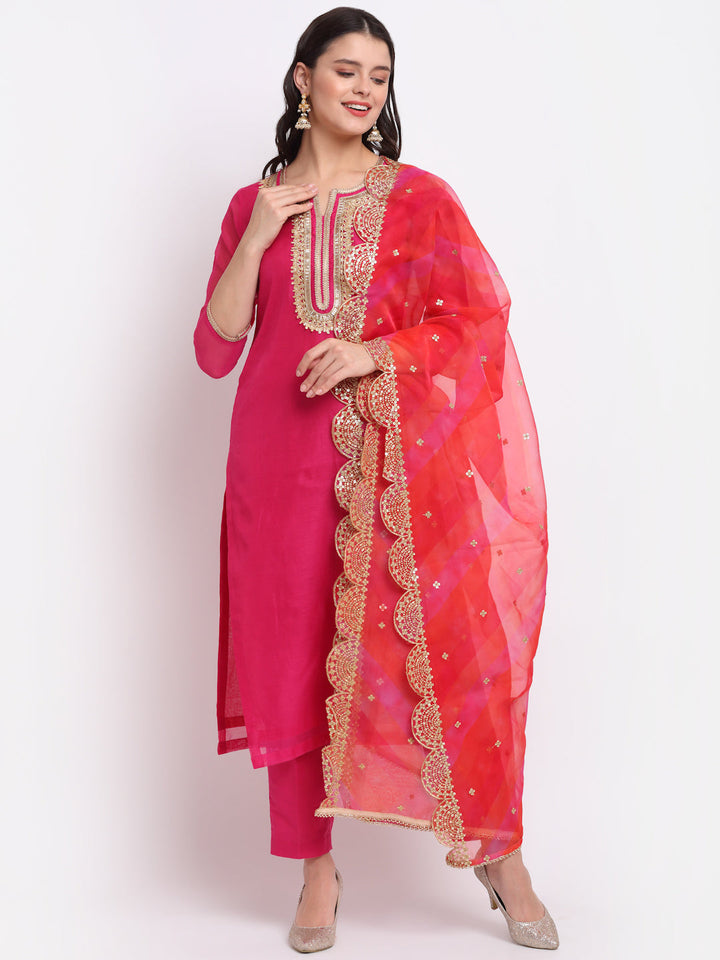 anokherang Combos Raspberry Pink Straight Kurti with Straight Pants and Leheriya Organza Dupatta