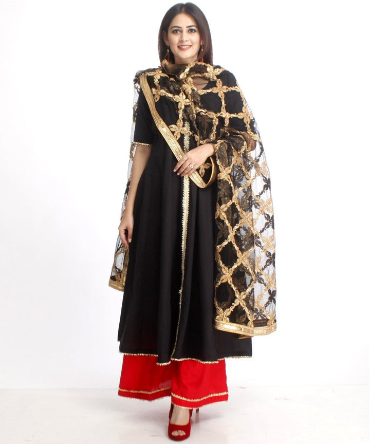 anokherang Combos Red and Black Gotta Anarkali with Flared Palazzo and Net Black Gotta Dupatta