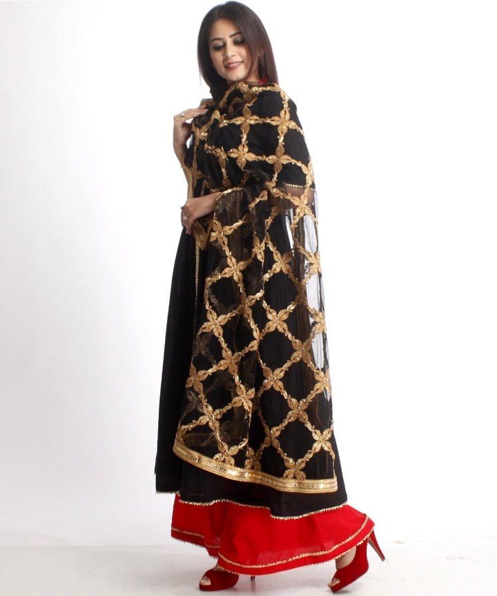 anokherang Combos Red and Black Gotta Anarkali with Flared Palazzo and Net Black Gotta Dupatta