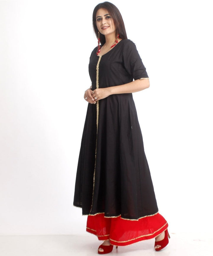 anokherang Combos Red and Black Gotta Anarkali with Flared Palazzo and Net Black Gotta Dupatta