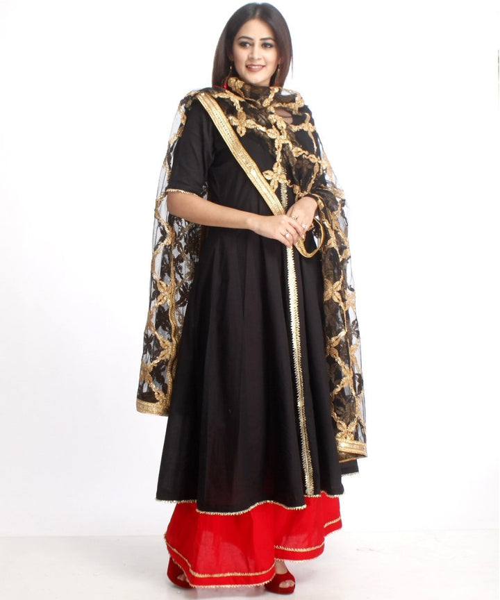 anokherang Combos Red and Black Gotta Anarkali with Flared Palazzo and Net Black Gotta Dupatta
