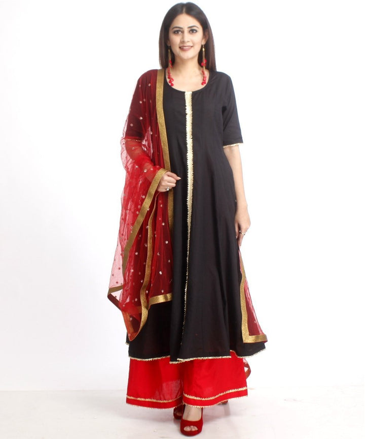 anokherang Combos Red and Black Gotta Anarkali with Flared Palazzo and Red Sequenced Dupatta