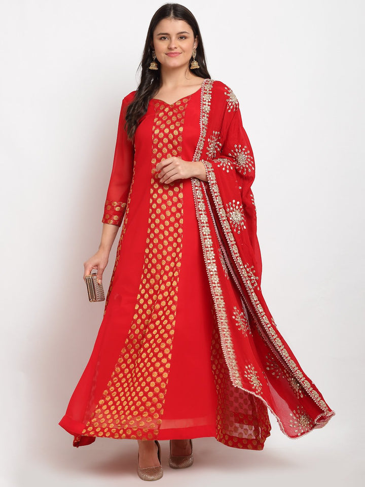anokherang Combos Red and Gold Banarsi Georgette Floor Length with Gotta Patti Chiffon Dupatta