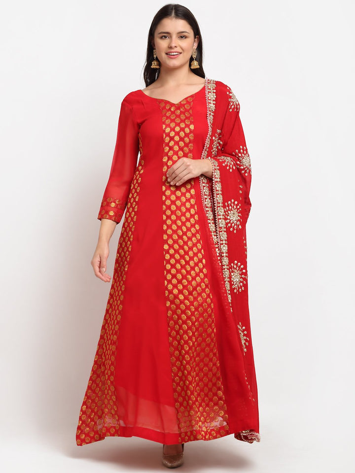 anokherang Combos Red and Gold Banarsi Georgette Floor Length with Gotta Patti Chiffon Dupatta