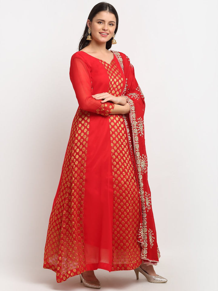 anokherang Combos Red and Gold Banarsi Georgette Floor Length with Gotta Patti Chiffon Dupatta