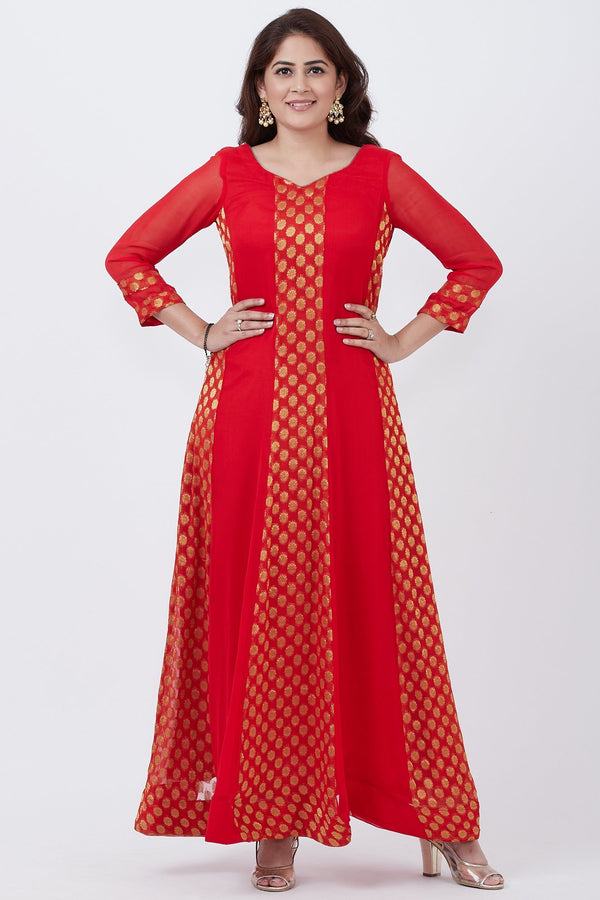 anokherang Combos Red and Gold Banarsi Georgette Floorlength Kurti