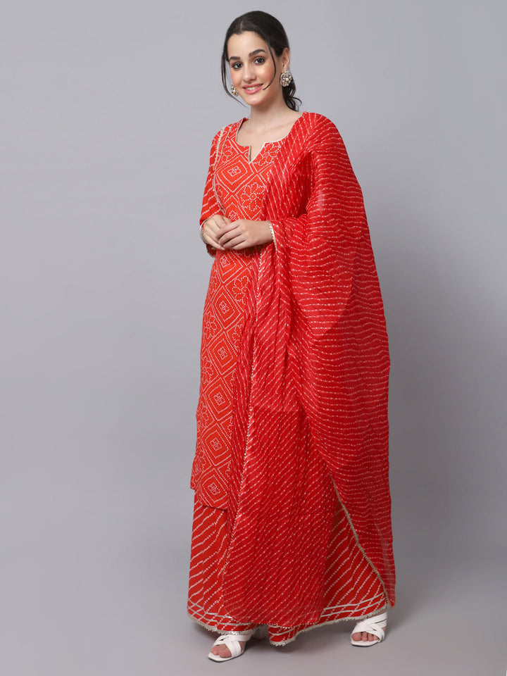 anokherang Combos Red Bandhani Gota Kurti with Flared Palazzo and Dupatta