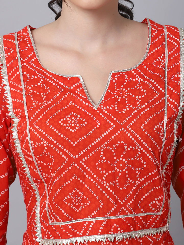 anokherang Combos Red Bandhani Gota Kurti with Flared Palazzo and Dupatta