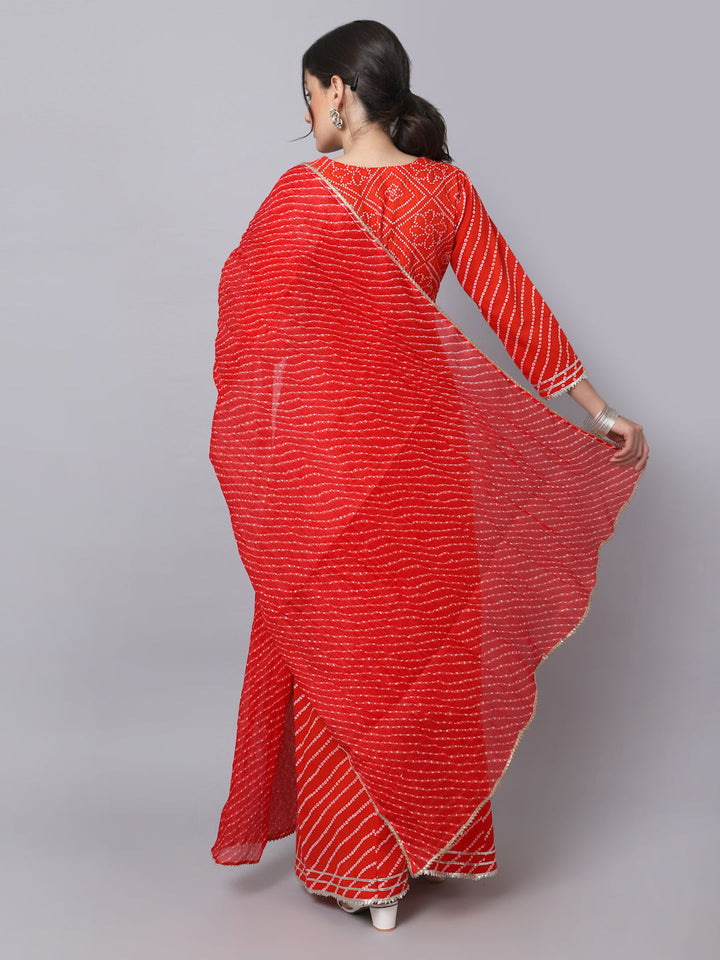 anokherang Combos Red Bandhani Gota Kurti with Flared Palazzo and Dupatta
